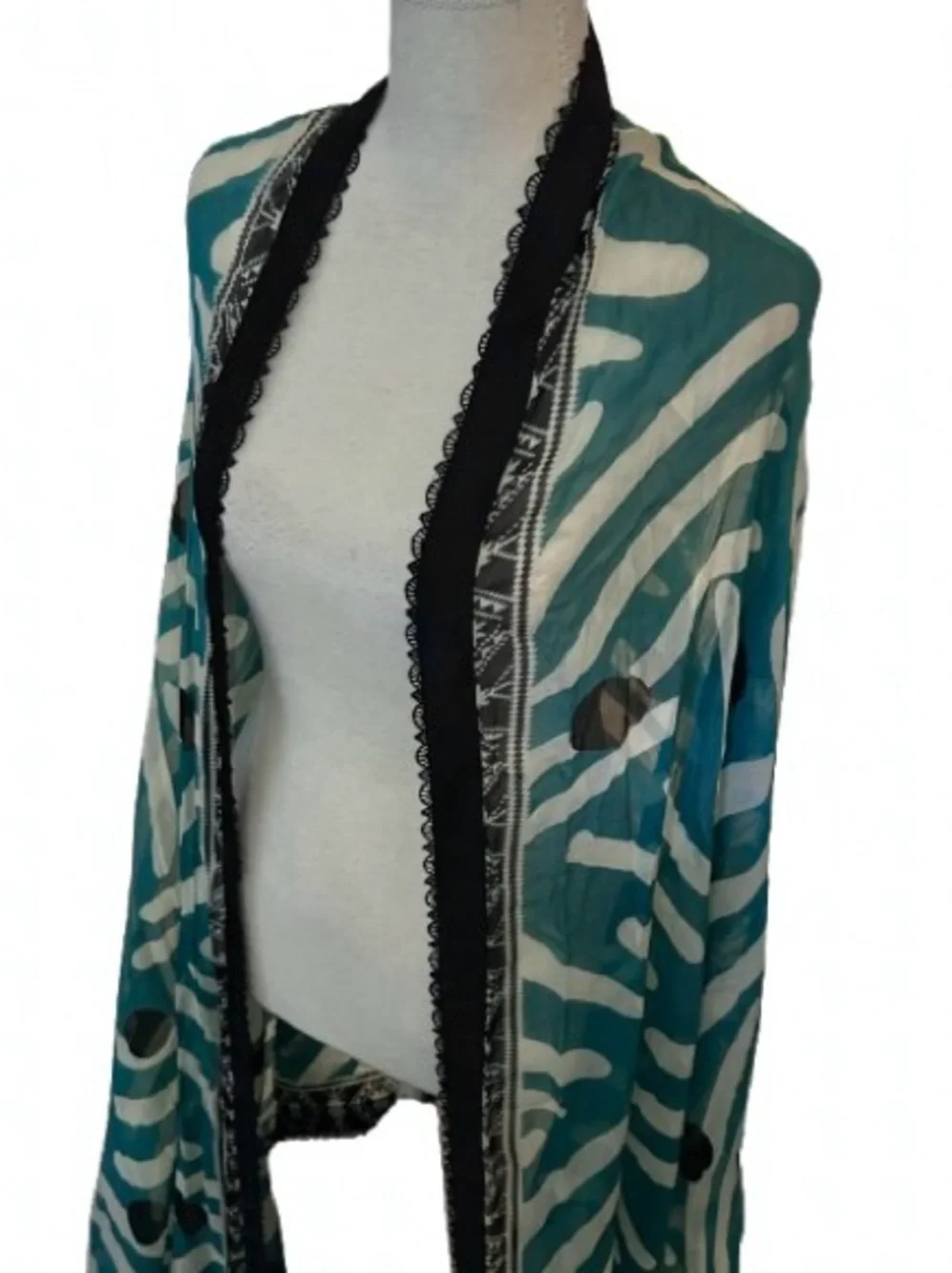 STUNNJNG Extra Long Scarf TEAL & BLACK LACE Sheer Abstract Blue Silk? Boho